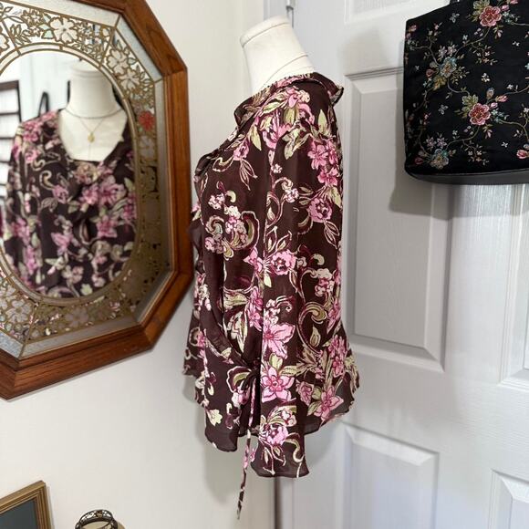 VTG Y2K Emma James Sheer Dark Brown Pink Floral Ruffled Bell Sleeve Wrap Top Set - Picture 4 of 8